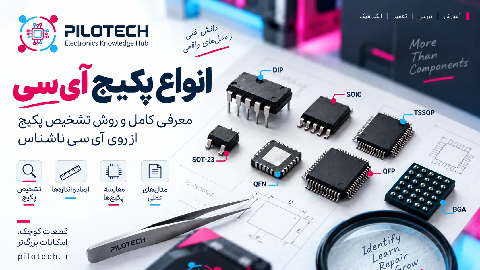 مقایسه انواع پکیج آیسی شامل DIP، SOIC، SOT-23، TSSOP، QFN، QFP و BGA همراه با آموزش تشخیص پکیج از روی شکل و ابعاد قطعه در پایلوتک